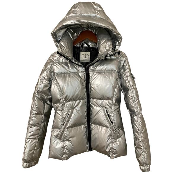 S13 Women Kylie Metallic Down Filled Coat Small Silver Gray Hooded Winter Jacket - Picture 5 of 14